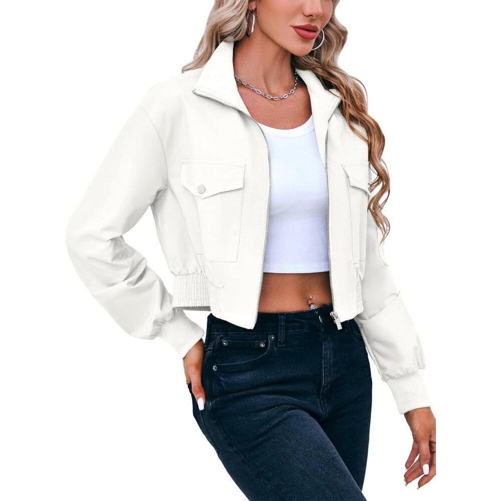 Women's White Short Bomber Jackets Stand Collar Zip Up Long Sleeve Lightweight - Picture 5 of 6